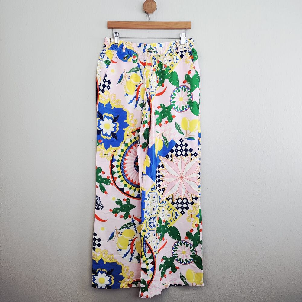 Maeve Anthropologie Pink Abstract Print Silky Straight Leg Trousers Pants S NWT